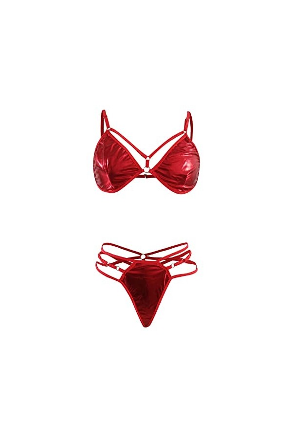 FGUUTYM Ensemble de lingerie sexy en dentelle PU avec anneau lié à la main, rouge, XL