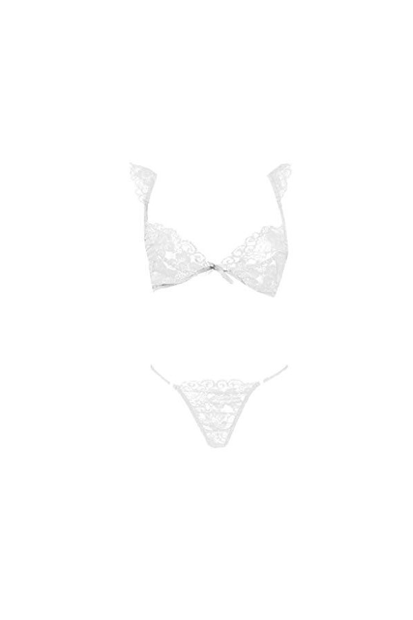 Ensemble de lingerie deux pièces pour femme avec soutien-gorge en dentelle et string sexy Rouge Avec jarretelles, Blanc., X-L