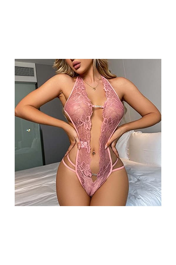 Femmes 1 Pièce Lingerie Sexy Dentelle Body Deep V Teddy Nuisettes S ~ XXL Sexy Dentelle Blanc Pink, XL 