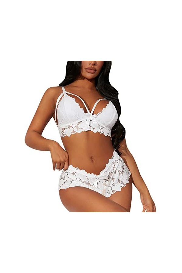 Dinnesis Costume Sexy Sexy Pyjamas Ensemble de Lingerie avec Dentelle Fleur Taille Haute Vêtements de Nuit Soutien-Gorge Culo
