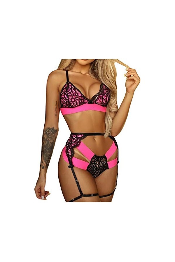 liaddkv Sous-vêtements sans fil pour femme - Soutien-gorge sexy - 3 pièces - Dentelle - String sexy, Noir , S