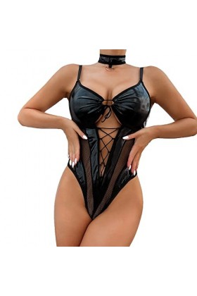 Implicite Lingerie Ladies Black Mesh Leather Splicing Ladies Sexy Chemise de Nuit Sexy Transparente Trolley Lingerie Black, 