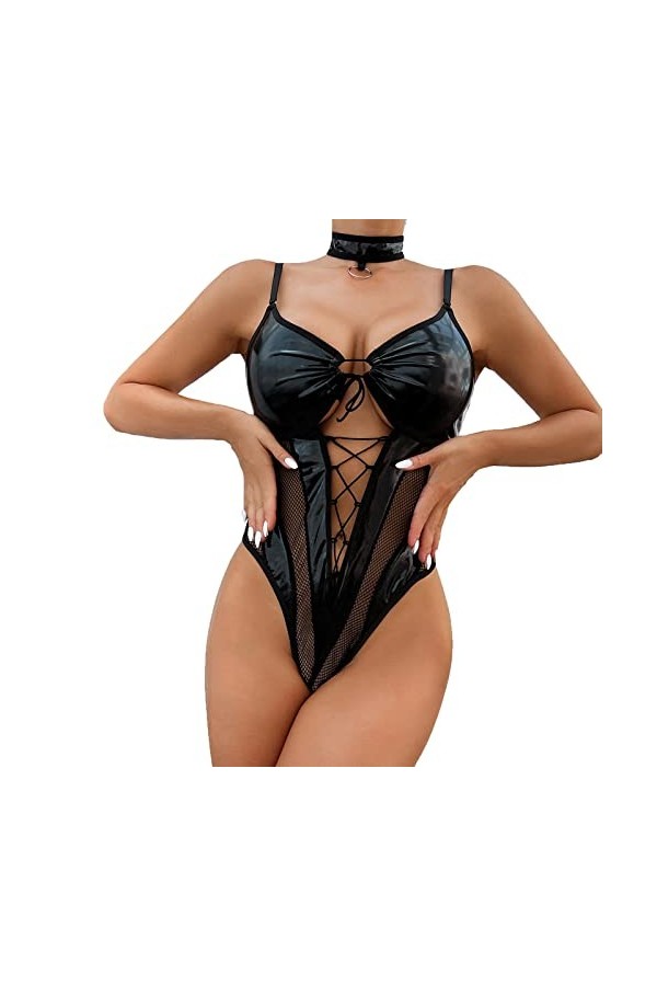 Implicite Lingerie Ladies Black Mesh Leather Splicing Ladies Sexy Chemise de Nuit Sexy Transparente Trolley Lingerie Black,