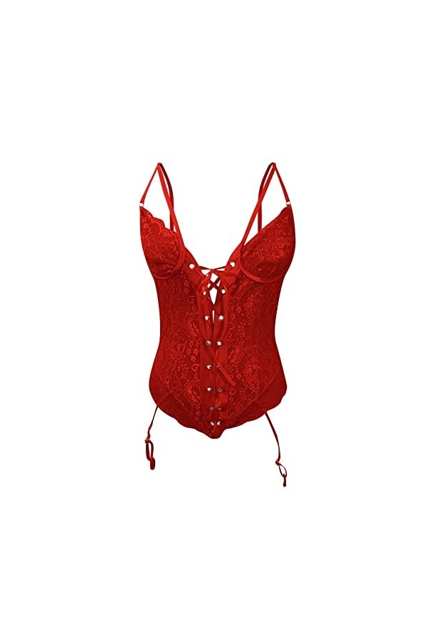 Junhasgood Lingerie Sexy Coquine Cuir Dentelle Florale jarretière Teddy Body Costumes Dentelle Rouge Lingerie Sexy sous-vêtem