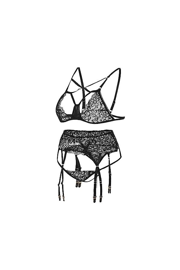 Lingerie Sexy Femme Ensemble de sous-vêtements en Dentelle Sexy pour Femmes Nuisette Satin Black, M 