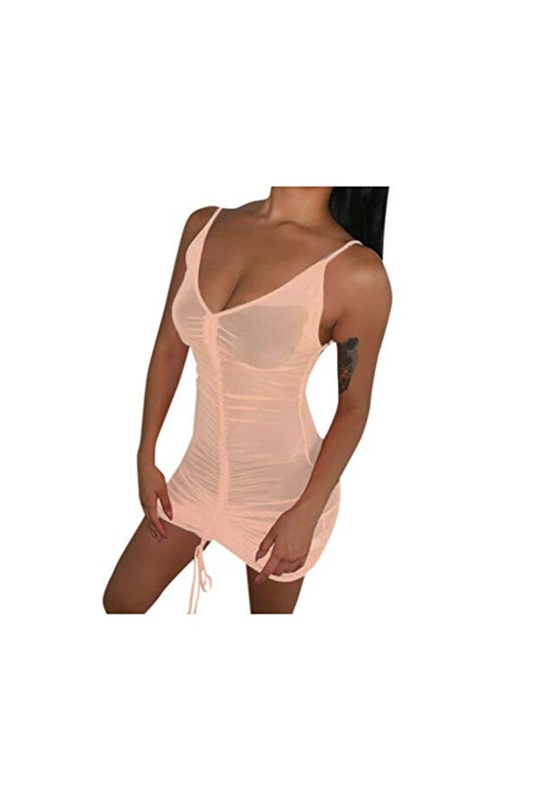 IKFIVQD Lingerie sexy pour femme - Mini robe de plage en dentelle transparente, Orange, XXL