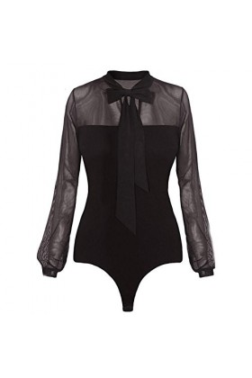 Combinaison sexy à manches longues transparente transparente pour femme, Noir , S