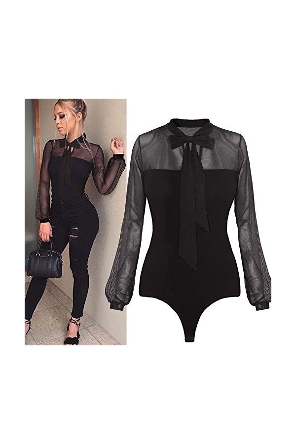Combinaison sexy à manches longues transparente transparente pour femme, Noir , S