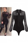 Combinaison sexy à manches longues transparente transparente pour femme, Noir , S