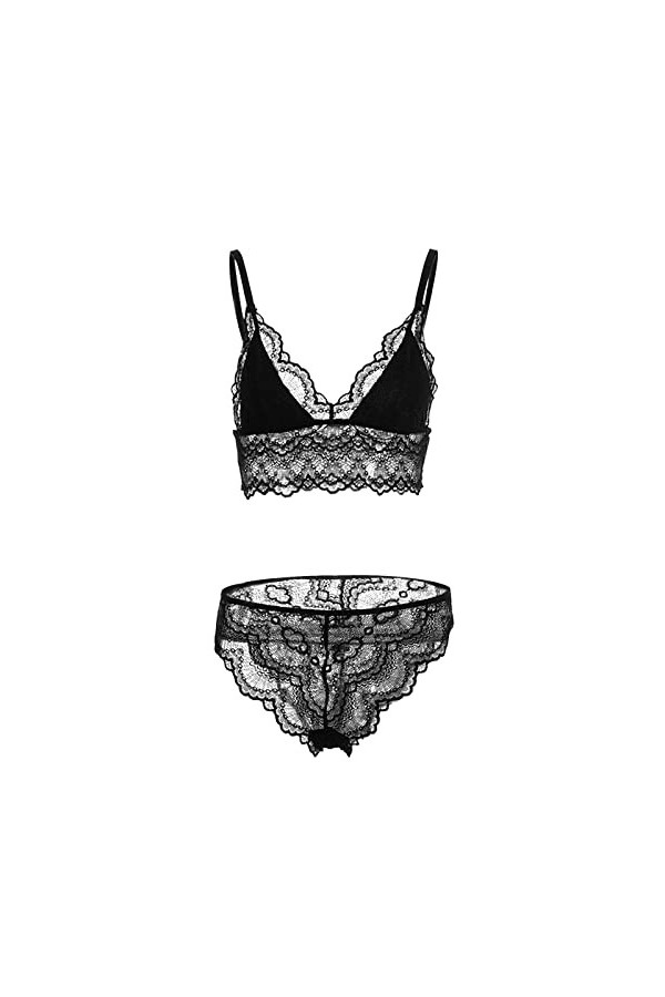 Robe Longue Fendue Transparente pour Femmes Mesdames Bretelles Sexy Dentelle Motif sous-vêtements Creux Dentelle Culotte Deux