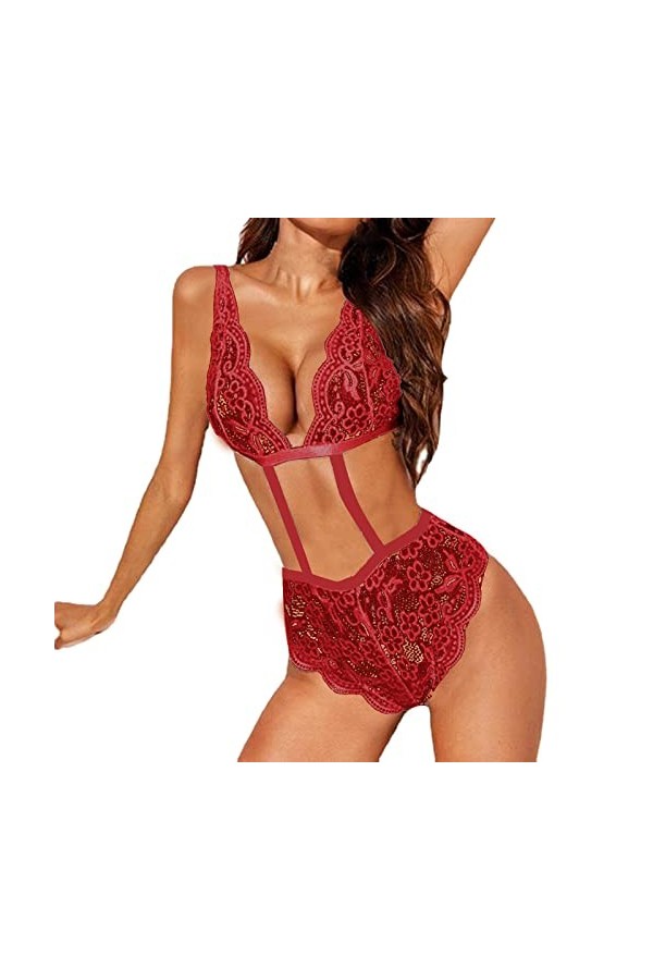 Zannycn Ensemble de lingerie sexy pour femme - Lingerie sexy - Avec bas - Lingerie sexy - Pour femme, rouge, XXXL
