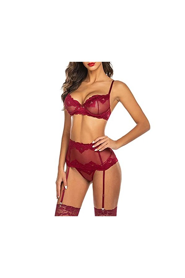 BIISDOST Jeu de Lingerie Sexy en Dentelle Jeu de jarretière Mince pour Femmes Body Noir Longue Red, S 
