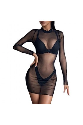 Ensemble de Lingerie Erothique Sexy Hot Dentelle Dress Mini Sheer See-Through Clubwear Tops Maillage Manchon Longue récolte p