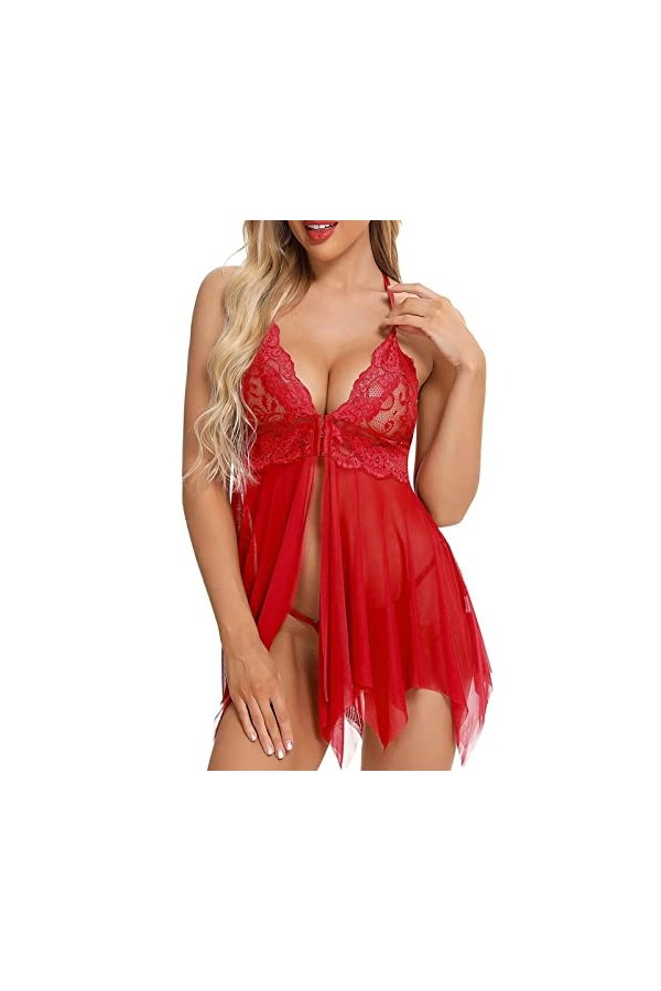 Ensemble de Lingerie Erothique Sexy Hot Dentelle Womens Sexy Lingerie Slip Sleep Dress Deep V Neck Lace Splicing Hollow Out M