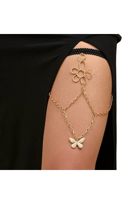 Chaîne de jambe punk porte-jarretelles, papillon doré et fleur, chaîne de cuisse élastique sexy, bijoux de soirée pour femme