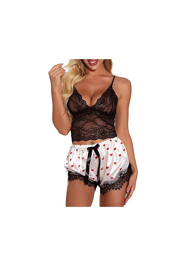 liaddkv Ensemble de lingerie sexy avec imprimé cœur - En dentelle - Noir - A - XL