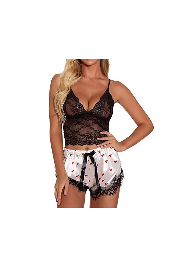 liaddkv Ensemble de lingerie sexy avec imprimé cœur - En dentelle - Noir - A - XL