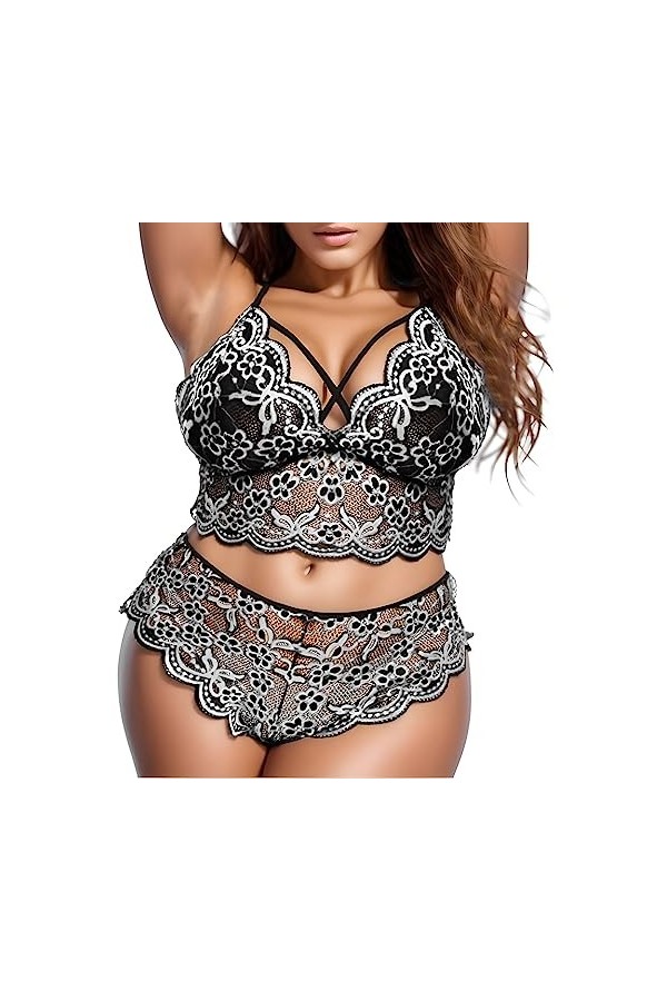Lingerie Sexy Femme Body et Combinaison Lingerie Sexy grande taille col en V taille haute dentelle florale soutien-gorge croi