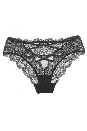 Lingerie rouge pour femme Crochet dentelle Sous-vêtements Culotte creuse Culotte à lacets Bleu, Noir , L