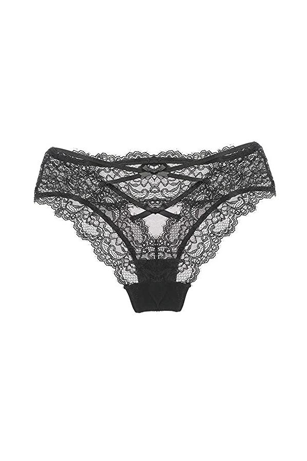 Lingerie rouge pour femme Crochet dentelle Sous-vêtements Culotte creuse Culotte à lacets Bleu, Noir , L