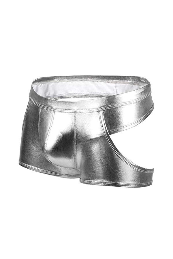 BIISDOST Hommes Sexy String Faux Cuir Lingerie Slips sous-vêtements Boxer Shorts Slips String Ensemble Satin Silver, M 