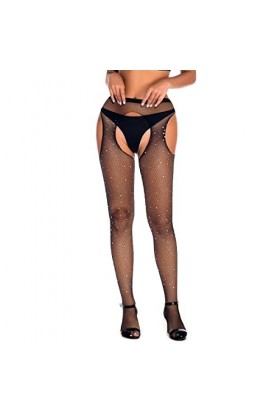 Fygrend - Femmes Side Cuisse ouvert sexy strass Bas résille Femme Prom danse Fishnet Body Bas Collants Slim Bling Collants