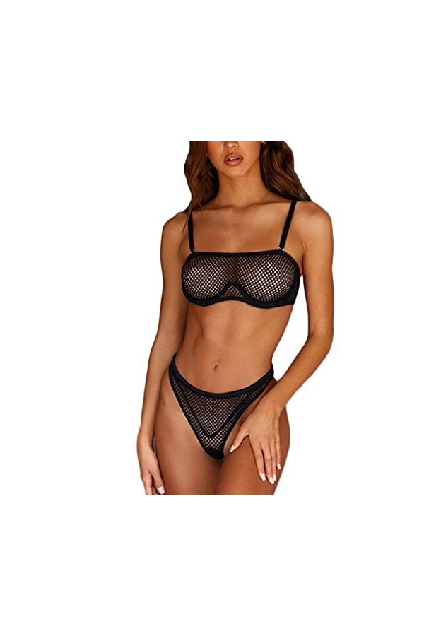 Viunychn Ensemble de lingerie 2 pièces pour femme avec volants et lanières scintillants, transparents, dentelle sexy, attaché