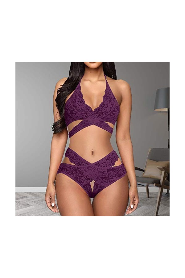 Viunychn Ensemble de lingerie sexy en dentelle avec string et soutien-gorge dos nu et décolleté profond en dentelle transpare