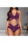 Viunychn Ensemble de lingerie sexy en dentelle avec string et soutien-gorge dos nu et décolleté profond en dentelle transpare