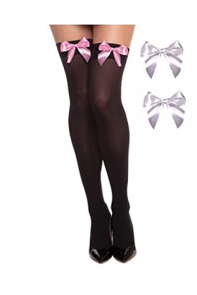 Dreamgirl Bas mi-cuisse transparents pour femme avec 2 ensembles de nœuds, Blanc, violet, noir., taille unique