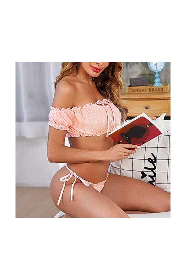 Ensemble de lingerie sexy pour femme - Avec soutien-gorge et culotte en V, Rose, L