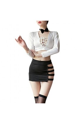 Omen Sexy Secrétaire Lingerie Enseignante Jouer Femme Sexy Costume de Cuisine Pyjama Drôle à Manches Longues Blanc, Taille u