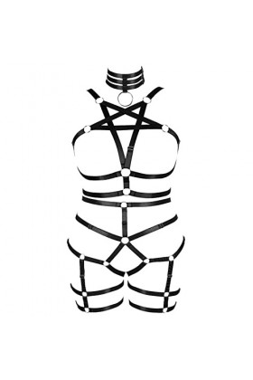 Femmes Body Harnais Pentagramme Plus Size Bra Set Garter Creux Bas Punk gotthoven Mode Dance Costume 1 Noir 