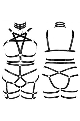 Femmes Body Harnais Pentagramme Plus Size Bra Set Garter Creux Bas Punk gotthoven Mode Dance Costume 1 Noir 