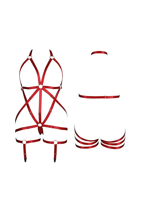 BBOHSS Fette Body Harness pour femme avec jarretière et jarretière Grande taille Cage Cadre creux Bas Ensemble Punk Goth Rave