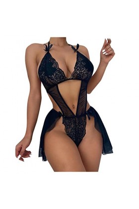 liaddkv Sexy Mode Lingerie Dentelle Sous-vêtements Dentelle Pyjamas Anneau en Acier Bretelles Femme String Sexy, Noir , L
