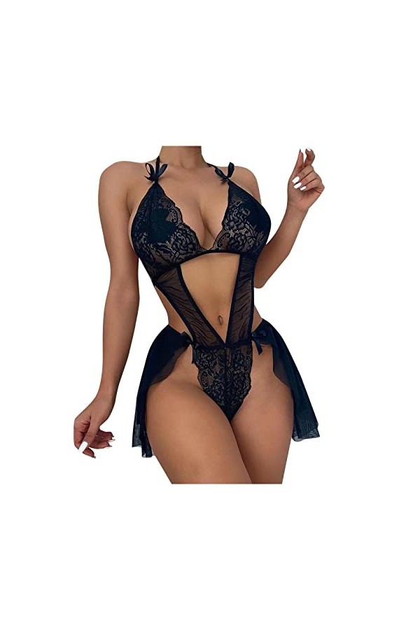 liaddkv Sexy Mode Lingerie Dentelle Sous-vêtements Dentelle Pyjamas Anneau en Acier Bretelles Femme String Sexy, Noir , L