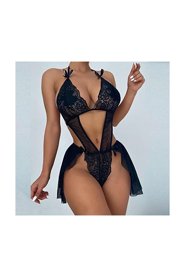 liaddkv Sexy Mode Lingerie Dentelle Sous-vêtements Dentelle Pyjamas Anneau en Acier Bretelles Femme String Sexy, Noir , L