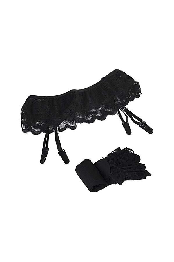 Dinnesis Ensemble de sous-vêtements + cuisses en dentelle pour femme - Avec ceinture et jarretière - Rouge, Noir , taille uni