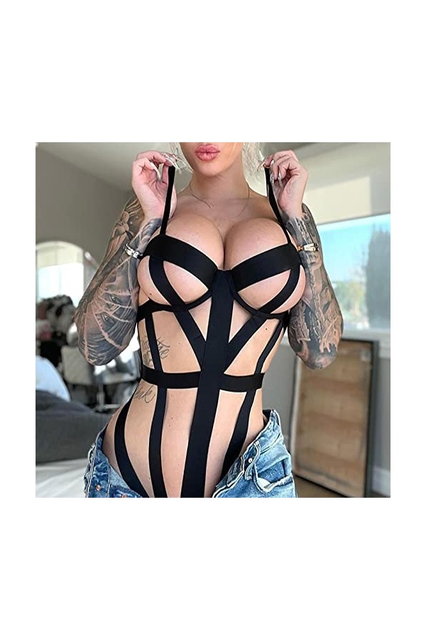 WhOpro Bustier Lingerie Mode Creux Sangle Lingerie Sous-vêtements Vêtements de Nuit Anneau en Acier Pyjama Jarretière Mesh Li