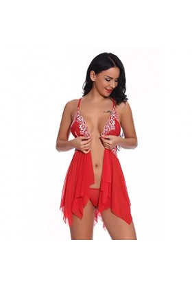 Lingerie sexy en V avec fermeture sur le devant pour femme, Rouge, L
