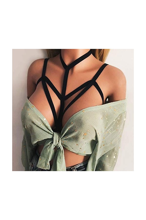 Sexy Femmes évider élastique Cage Soutien-Gorge Bandage à Bretelles Licou Soutien-Gorge Bustier Haut Une Nuisette Black, XL 