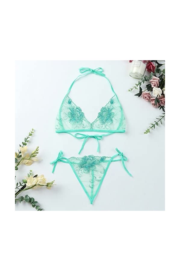 UOWEG Ensemble de lingerie sexy en dentelle réglable pour femme - Broderie florale - 2 pièces - Soutien-gorge sexy et culotte