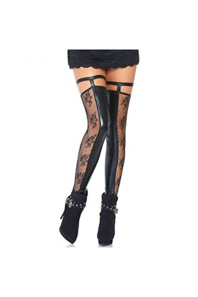 Leg Avenue Bas Auto-Fixant sans Pieds Wetlook/Dentelle avec Jarretière Noir Taille M/L