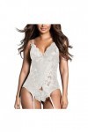 Bodys Ensemble de lingerie sexy pour femme avec jarretière Rouge Plaid Body en dentelle Col en V profond, Blanc., L
