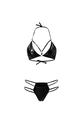 Lingerie Femme Sexy Ensemble Homme Sexy Hot y.2k Womens Wet Look Lingerie Body en Cuir Mesh Patchwork Halter Neck High Cut Ju