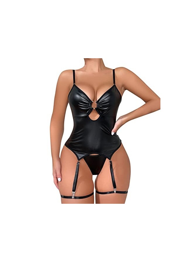 Femme Body Sexy Spaghettis Bodysuit Lingerie pour femmes 2 PC cuir Teddy Body Lingerie Sexy découpe hors épaule jointe PU à l