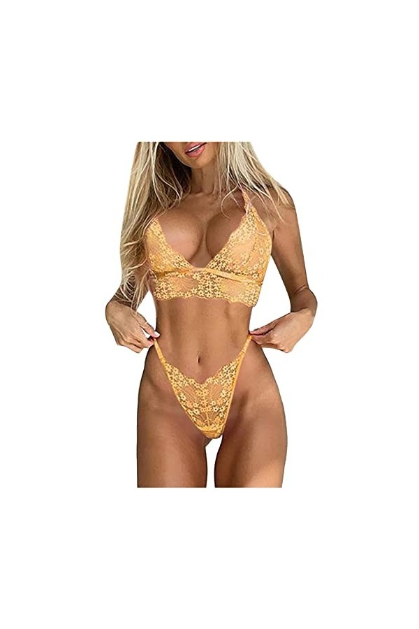 Ensemble de lingerie en dentelle rouge pour femme, jaune, XL