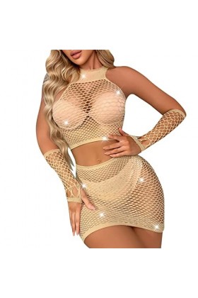 Lingerie Femme Sexy Ensemble Homme Sexy Hot y22k Sexy Résille Fille Strass Cristal Bras Manches 3 Pièce Costume Robes Bodysto
