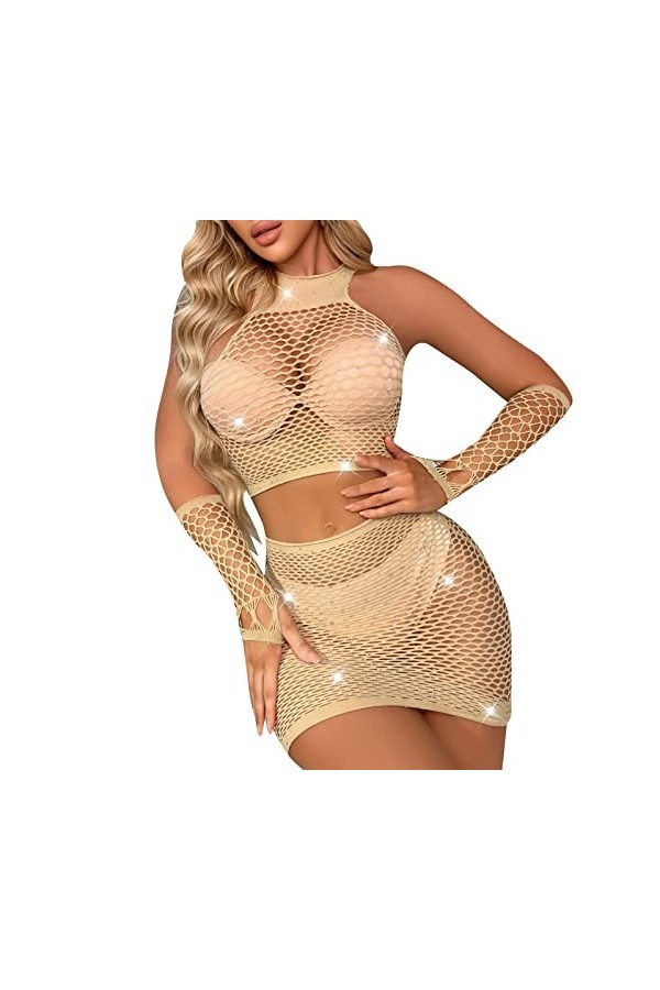 Lingerie Femme Sexy Ensemble Homme Sexy Hot y22k Sexy Résille Fille Strass Cristal Bras Manches 3 Pièce Costume Robes Bodysto